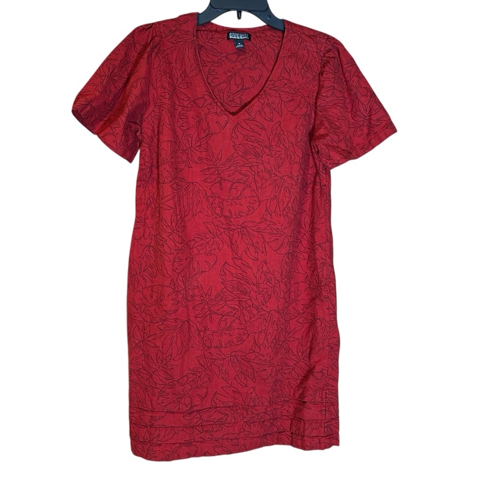 Nicole Miller Original Womens Red Tropical V-Neck Dress Linen Blend Medium